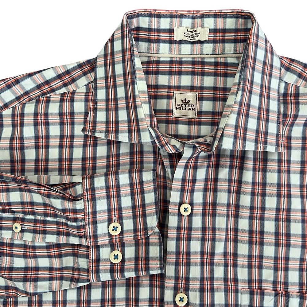 Peter Millar Button Down Shirt Mens Large Blue Orange Plaid‎ Long Sleeve preppy